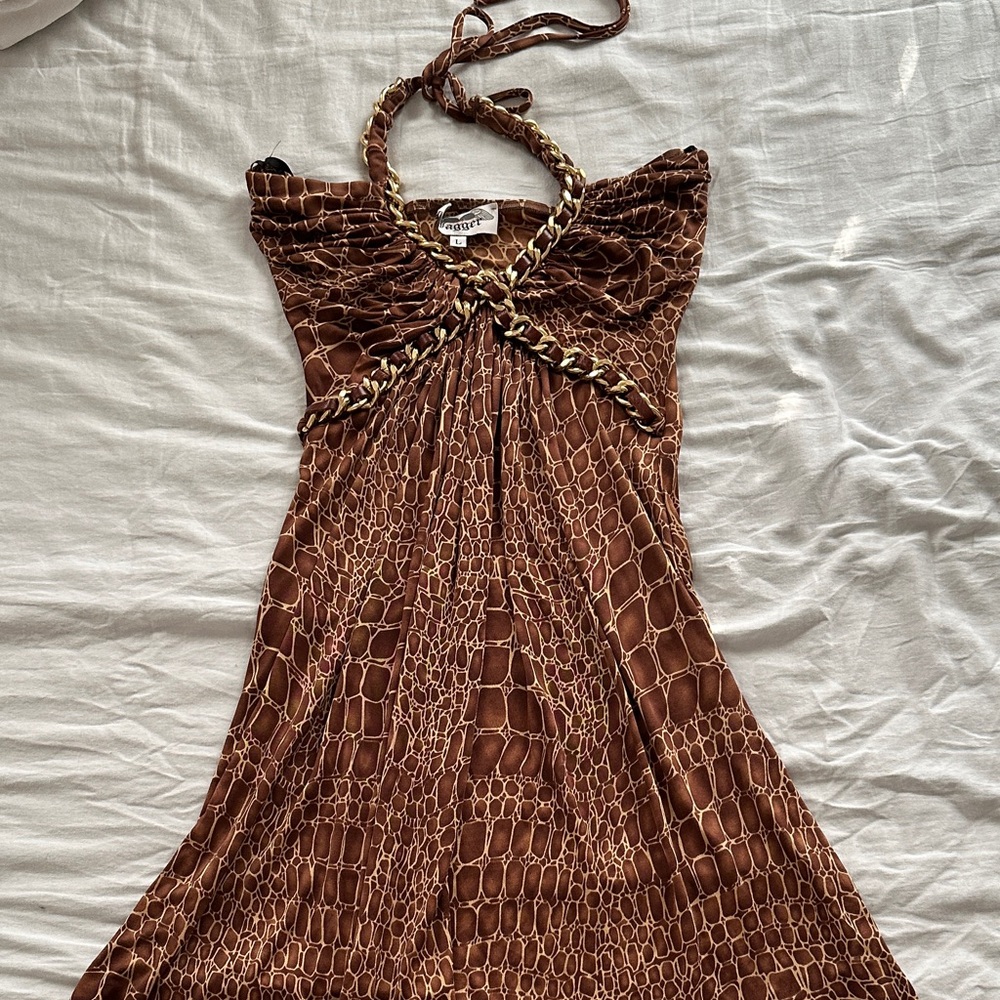 Y2K 100% Silk Brown Animal Print Dress With Braided Halter - Picture 8 of 10